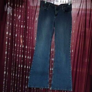 Size 9 Long Vintage Tilt Flare Stretch Denim Blue Jeans